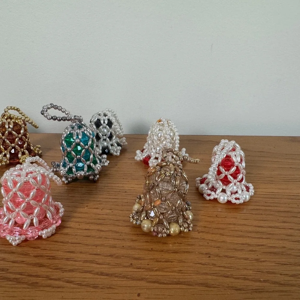 Vintage Lot of 10 Handmade Beaded Bell Christmas Ornaments Faux Pearl‎ MCM Retro